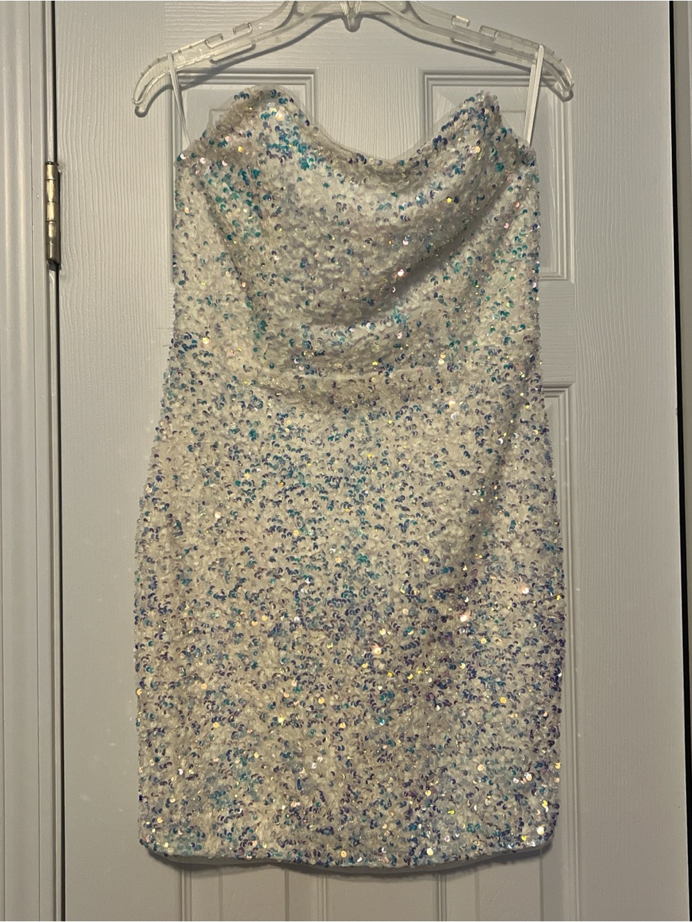 Fashion Nova Iridescent Sequin Strapless Cowl Mini Dress - White